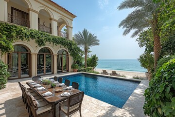 Fototapeta premium Wide-Angle View of Outdoor Dining Table on Patio Overlooking Pool and Beach in Doha, Qatar. Featuring Blue Sky, Greenery, Beige Tiling, and Stone Floor Tiles.