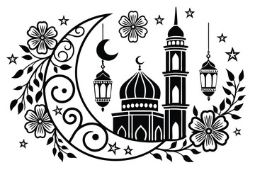 Islamic festive elements. The design features traditional lantern with ancient Greek temple architecture and a bird symbol