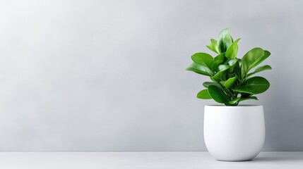 Fototapeta premium Ficus Plant in White Pot Minimalist Style High-key Lighting Vertical Close-up Shot Lush Green Foliage Growing Neutral Grey Wall Background Serene Mood Ideal for Home Decor
