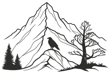 Black silhouette of a bird on a bare tree branch against the sky mountain landscape