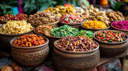 Fototapeta premium Colorful bowls of various foods at a market.