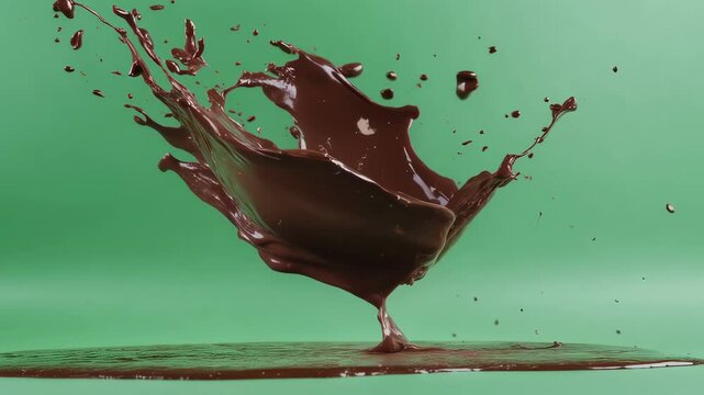 Smooth, creamy dark chocolate is splashing against a vibrant green screen background, creating a dynamic and visually appealing sequence perfect for compositing and visual effects