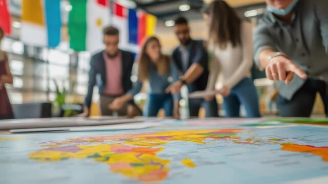 Politicians and diplomats are discussing and planning geopolitical strategies over a world map in a conference room decorated with international flags