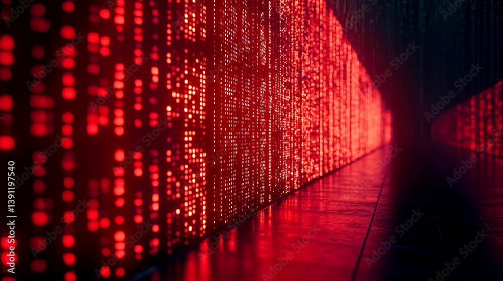 Poster abstract digital code: red binary data stream in cyberpunk style
