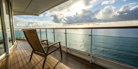Cruise ship serenity: woven chair on a wooden deck overlooks a tranquil ocean.  Perfect copy space.