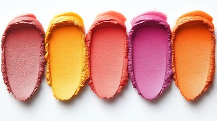 Five colorful lipstick swatches on white.