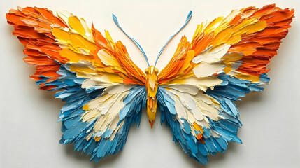 A colorful artistic representation of a butterfly on a white surface