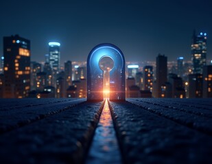 Fototapeta premium Glowing lightbulb with portal in city