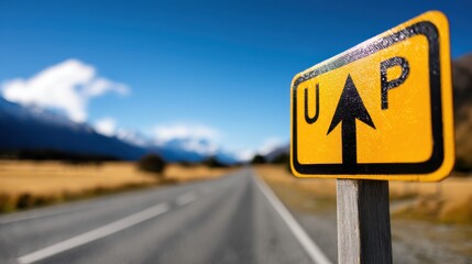 Yellow 'UP' Road Sign on a Wooden Post with Rural Landscape