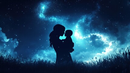 Obraz premium A mother embraces her baby beneath a starry night sky