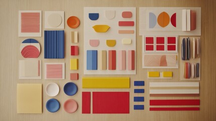 Colorful Geometric Shapes and Patterns on a Light Wooden Background