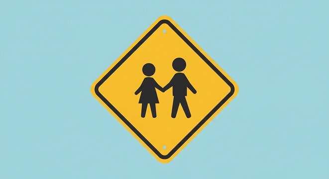 Children Crossing Sign on Light Blue Background Warning Pedestrians