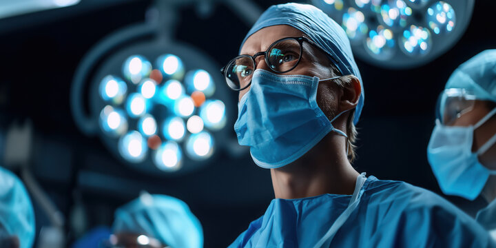 focused surgeon high tech operating room, wearing surgical attire and illuminated by bright
