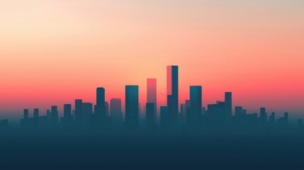 A stunning skyline at sunset, featuring silhouetted skyscrapers against a gradient of warm colors, creating a serene urban landscape.
