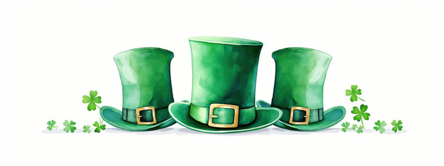 Vibrant Green Top Hats With Golden Buckles Arranged Alongside Festive Shamrocks for a Joyful Celebration