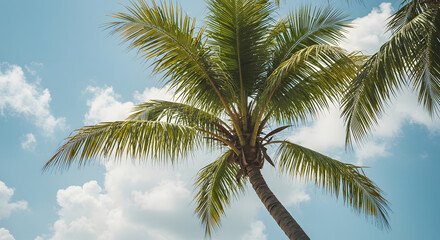 Palm Tree Against a Blue Sky with Fluffy White Clouds