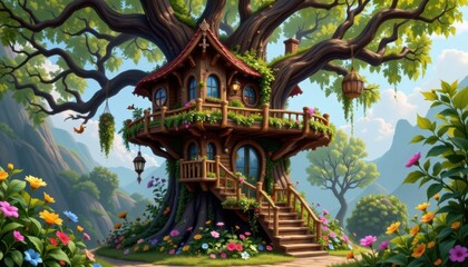 Fototapeta premium Fantasy Treehouse A whimsical treehouse nestled in a large tree, surrounded by various green foliage and colorful flowers.
