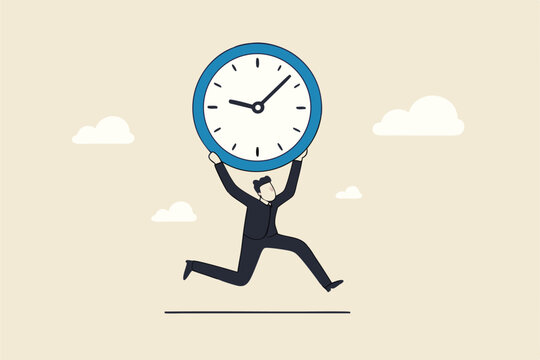 Steal time, productivity or procrastination problem, work efficiency to finish in deadline, strategy or accomplishment concept, burglar thief stealing time clock and run away.