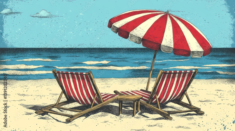 Poster two red and white striped beach chairs with a matching umbrella on a sandy beach by a calm ocean.