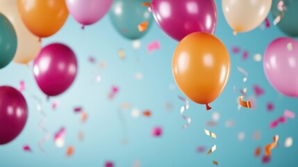 Bright balloons in various colors float amidst swirling confetti, setting a joyful mood for a special event or party