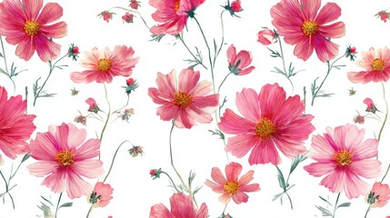 Beautiful seamless floral water color pattern Set, watercolor wild flowers, leaves and grass,Collection botanic garden elements. cosmos flower.