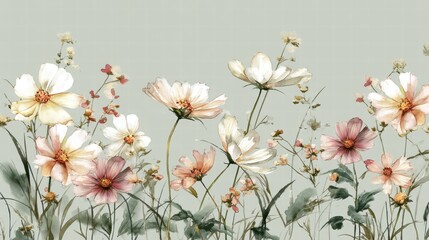 Beautiful seamless floral water color pattern Set, watercolor wild flowers, leaves and grass,Collection botanic garden elements. cosmos flower.