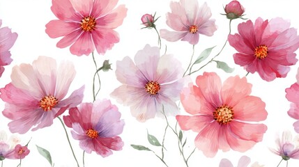 Fototapeta premium Beautiful seamless floral water color pattern Set, watercolor wild flowers, leaves and grass,Collection botanic garden elements. cosmos flower.