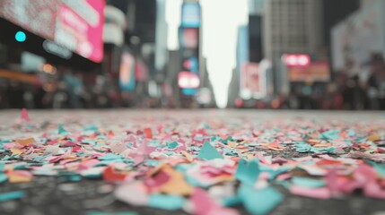 Obraz premium Colorful pieces of confetti blanket the pavement in Times Square, creating a festive atmosphere following a lively daytime event