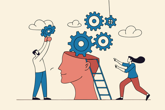 Brainstorm for business solution, teamwork or mindset to success, wisdom, creativity or working process for new idea, AI and innovation concept, business people help connect cogwheels on human brain.