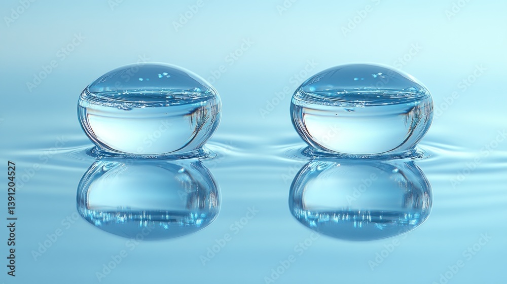 Aufkleber Two water droplets on a surface reflecting light, creating a symmetrical image.