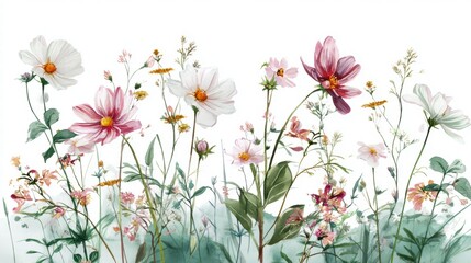Fototapeta premium Beautiful seamless floral water color pattern Set, watercolor wild flowers, leaves and grass,Collection botanic garden elements. 