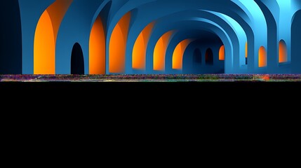 Abstract blue and orange arched hallway.