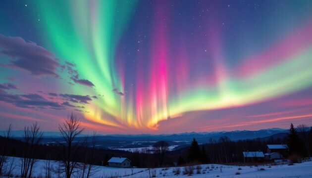 Ethereal Aurora A play of soft glowing colors resembling the Northern Lights, swirling across a softly colored sky.