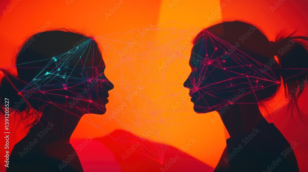 Aufkleber two women's profiles face each other, connected by a glowing network of lines and nodes against a re