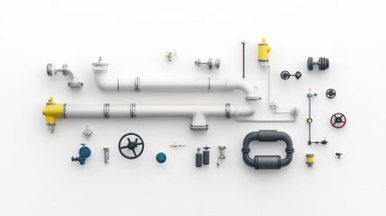 Industrial Plumbing Components and Equipment Arrangement on White Background