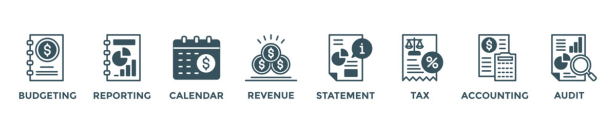 fiscal year web banner concept with group of icons for business and media in mix style