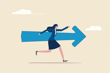 Move forward for success future, business direction, determination or courage, career path or way to success, opportunity or mission concept, confidence businesswoman running with arrow direction.