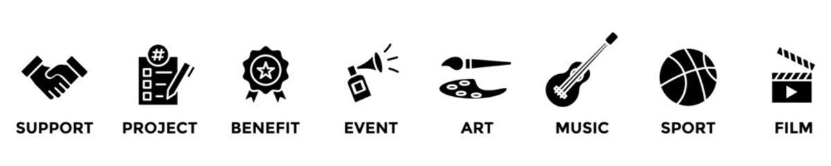 sponsor web banner concept with group of icons for business and media in mix style