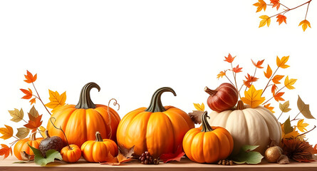 Bright background with beautiful thanksgiving decorating. Pumpkins with fruits, flowers, vegetables and leaves