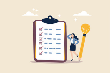 Survey or feedback opinion, checklist of completion or questionnaire form, evaluation or assessment review, checkbox clipboard concept, businesswoman complete survey with lightbulb pencil.