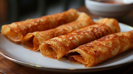 Bangladeshi patishapta thin crepes filled coconut and jaggery rolled on a white plate