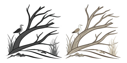 Obraz premium Driftwood Sculpture on a branch silhouette, a natural vector illustration black & white with coloring of spring leaves on an old tree