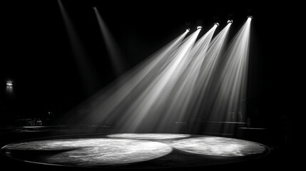 A monochrome shot of a stage illuminated by multiple spotlights in a dark performance venue