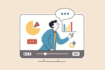 Explainer video online tutorial or training course, expertise explaining business strategy online, movie or education video clip, businessman expert explain business pie chart in video interface.