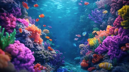 Naklejka premium Vibrant coral reef teeming with colorful fish and diverse marine life in a clear ocean.
