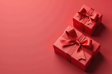 Obraz premium Elegant red ribbon tied gift boxes, gold accents, background, backdrop, christmas