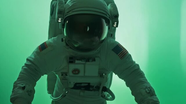 Astronaut wearing spacesuit with american flag patch floats against a vibrant green screen backdrop, ideal for compositing and visual effects projects