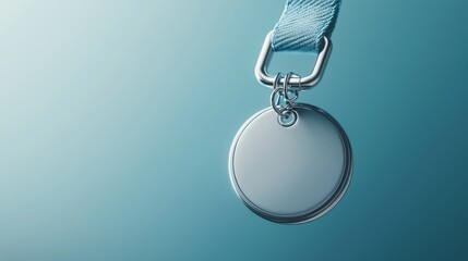 A close-up of a blank medal hanging on a teal background for awards and achievements.