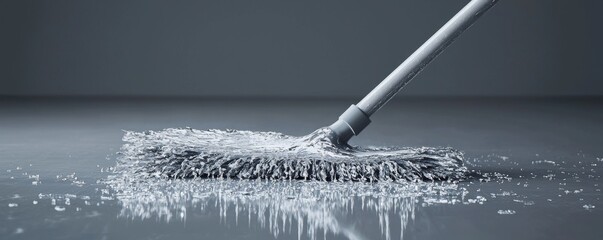 A close-up of a cleaning mop on a wet floor, emphasizing cleanliness and hygiene.