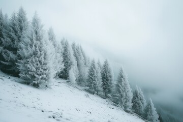 Obraz premium Foggy forest with snow-covered trees